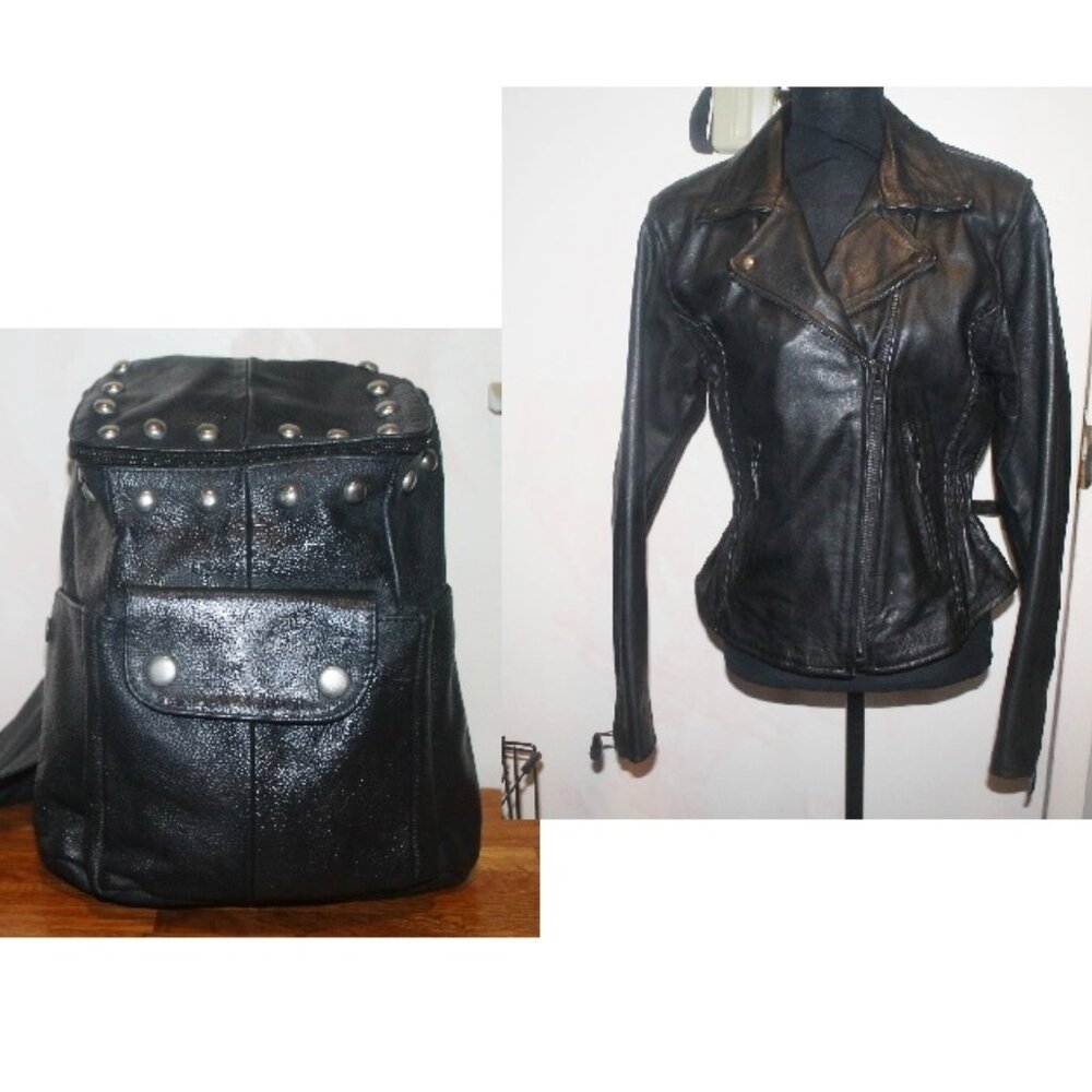 New Genuine Fitted Studded Leather Biker Motto Jacket Coat w Backpack Sling Bag